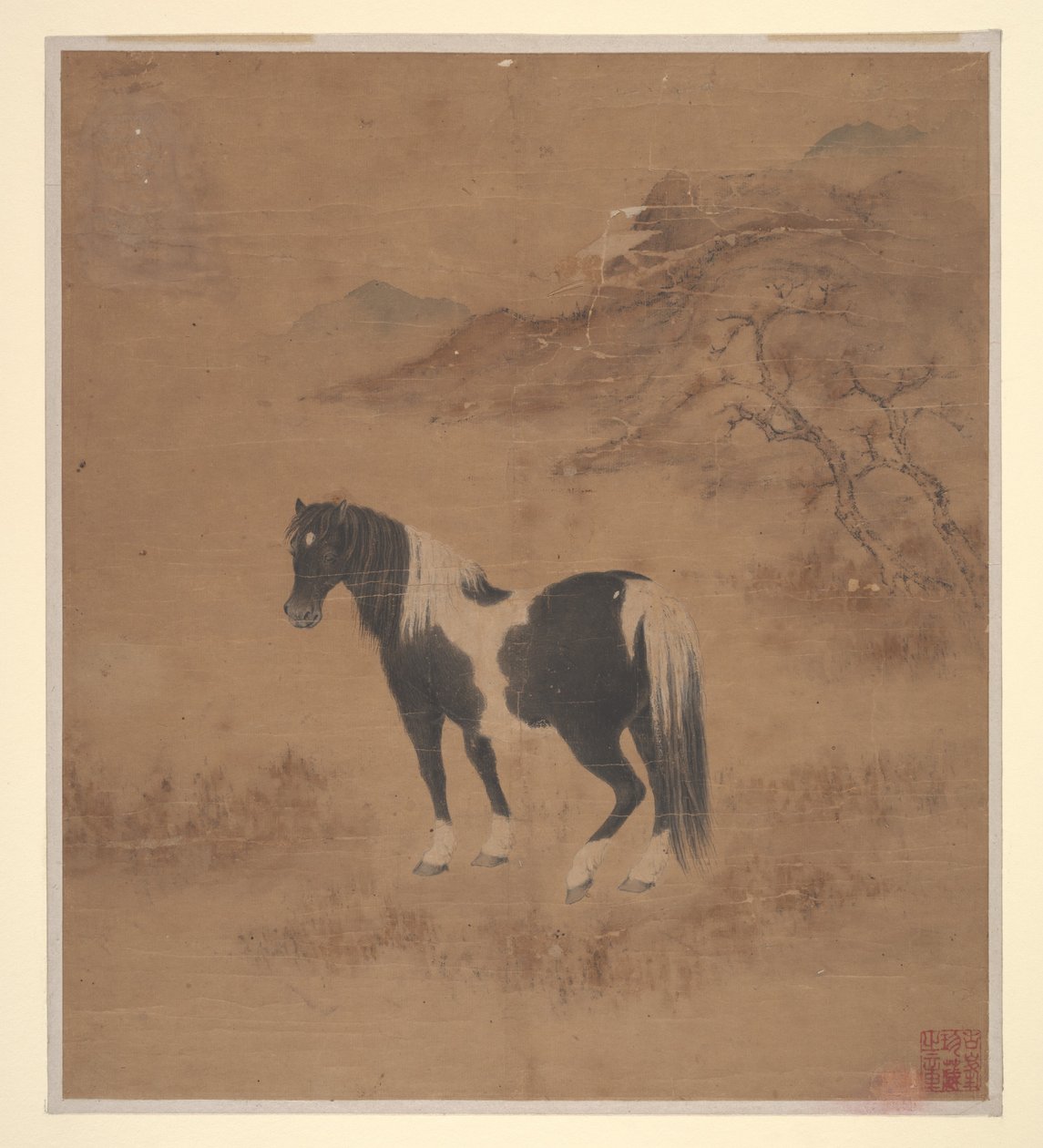 Hest og landskap (albumblad; farge på silke) av Qing Dynasty Chinese School