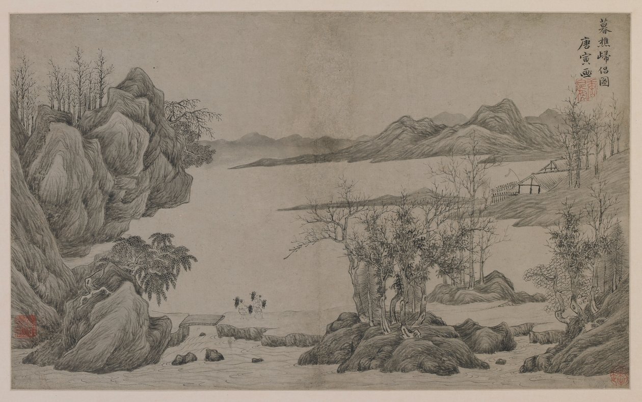 Elvelandskap og vedsamlere (blekk på papir) av Qing Dynasty Chinese School