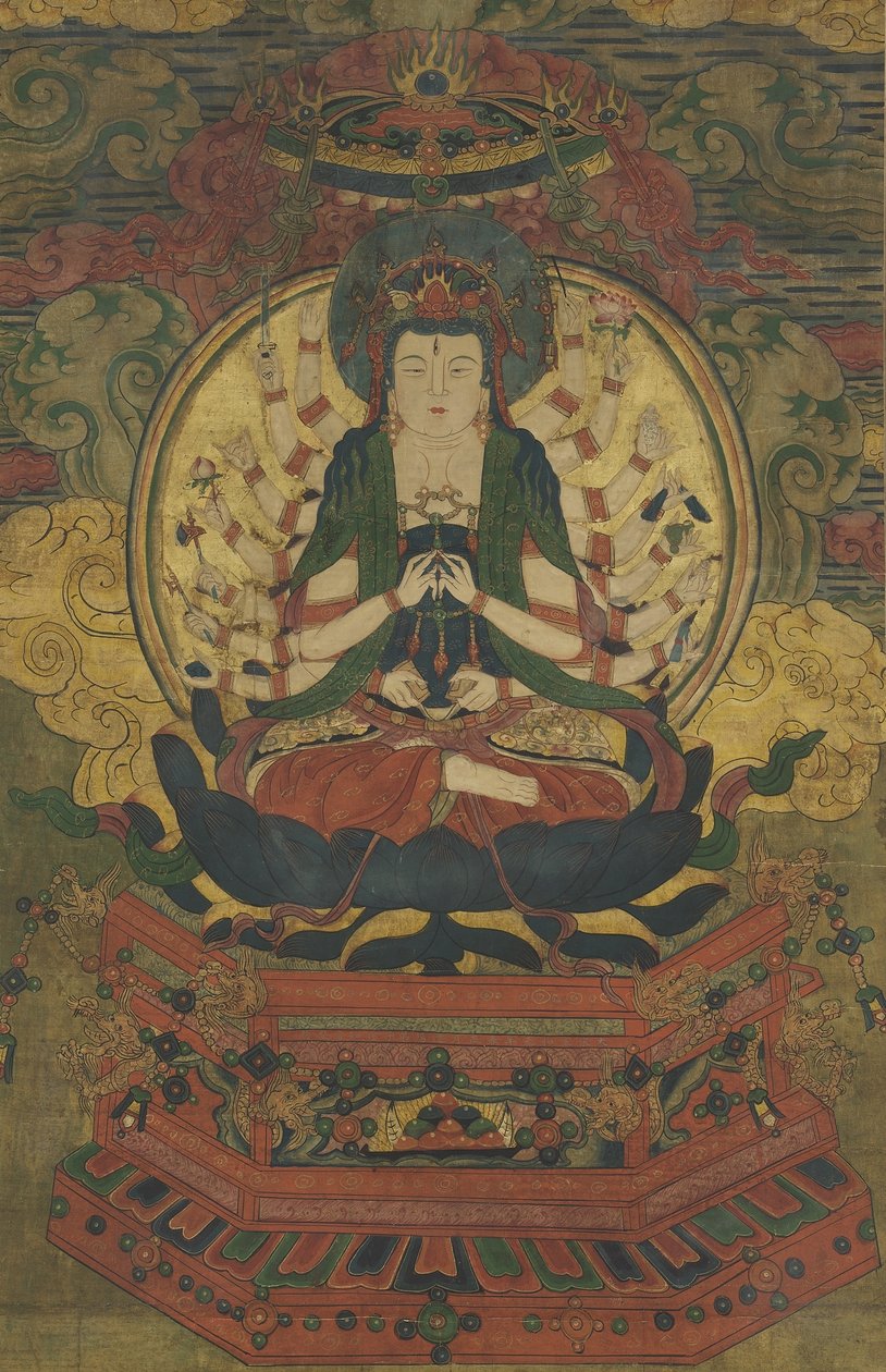 Tusenarmet Guanyin (blekk, farge og gull på silke) av Qing Dynasty Chinese School