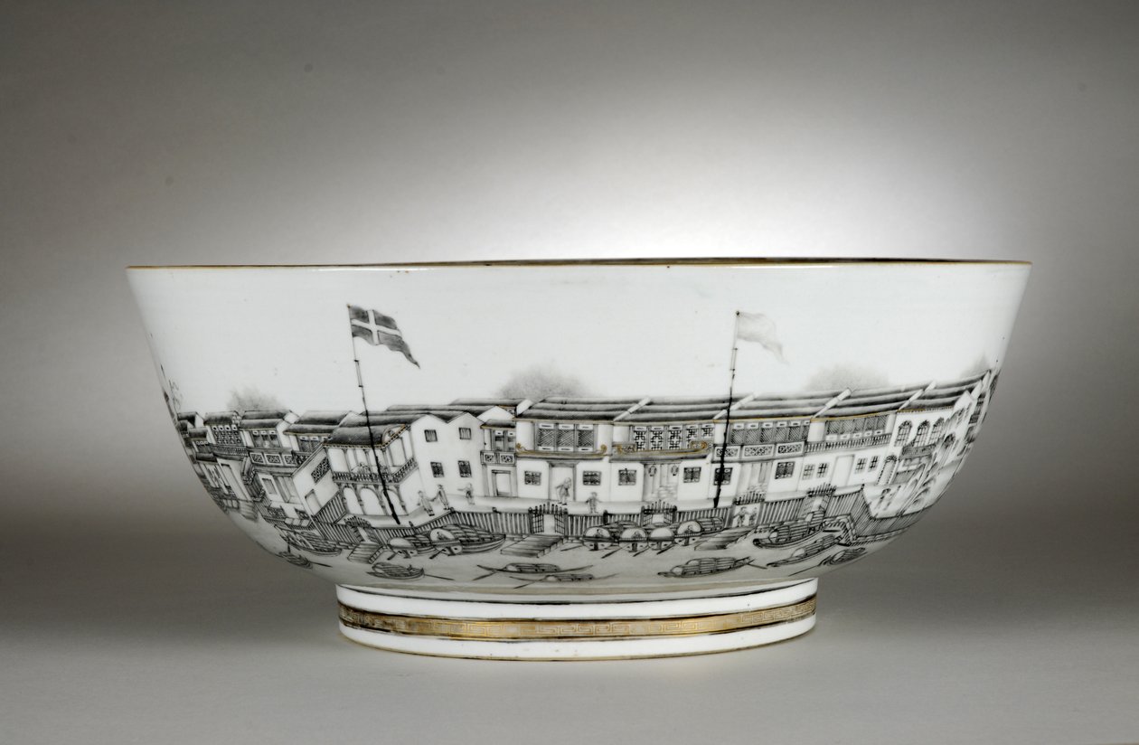 Punch bolle malt med varehus eller Hongs, Canton (Guangzhou) av Qing Dynasty   Qianlong Period Chinese School