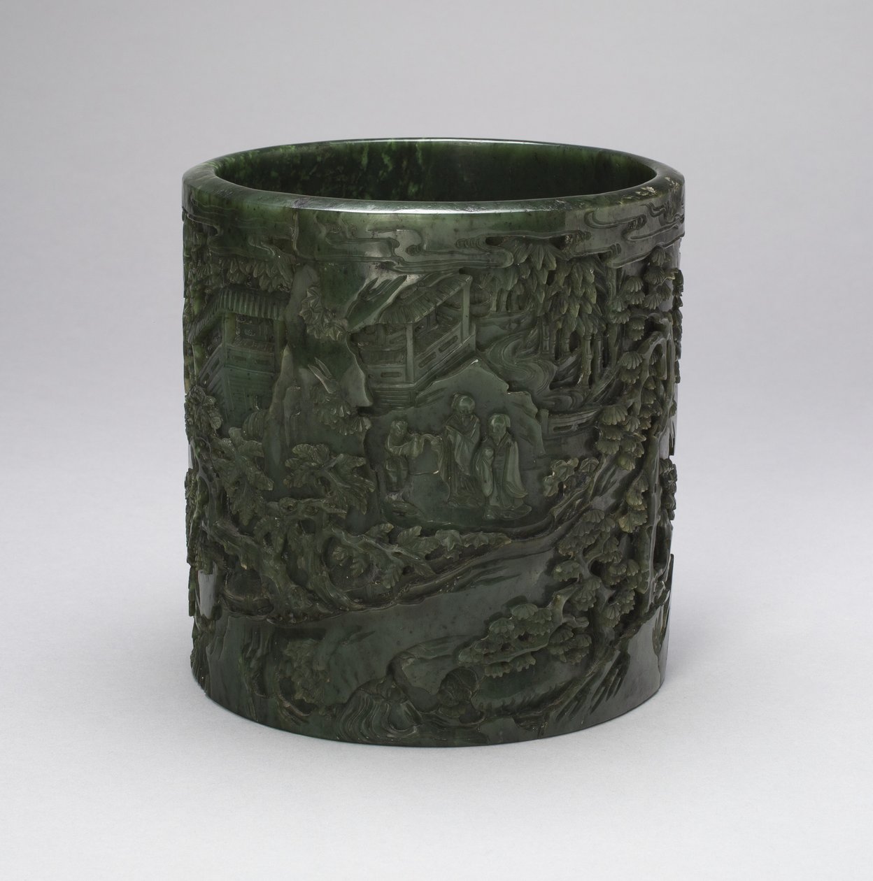 Børstekrukke med lærde og ledsagere i et fjellandskap (jade med utskåret dekorasjon) av Qing Dynasty Chinese School