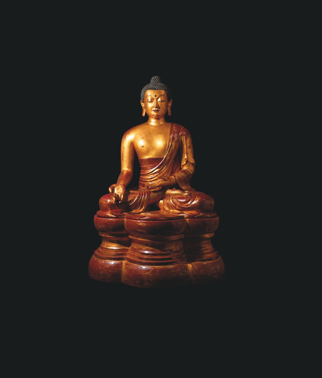 Monumental keiserlig forgylt trefigur av Medisin Buddha av Qing Dynasty Chinese School