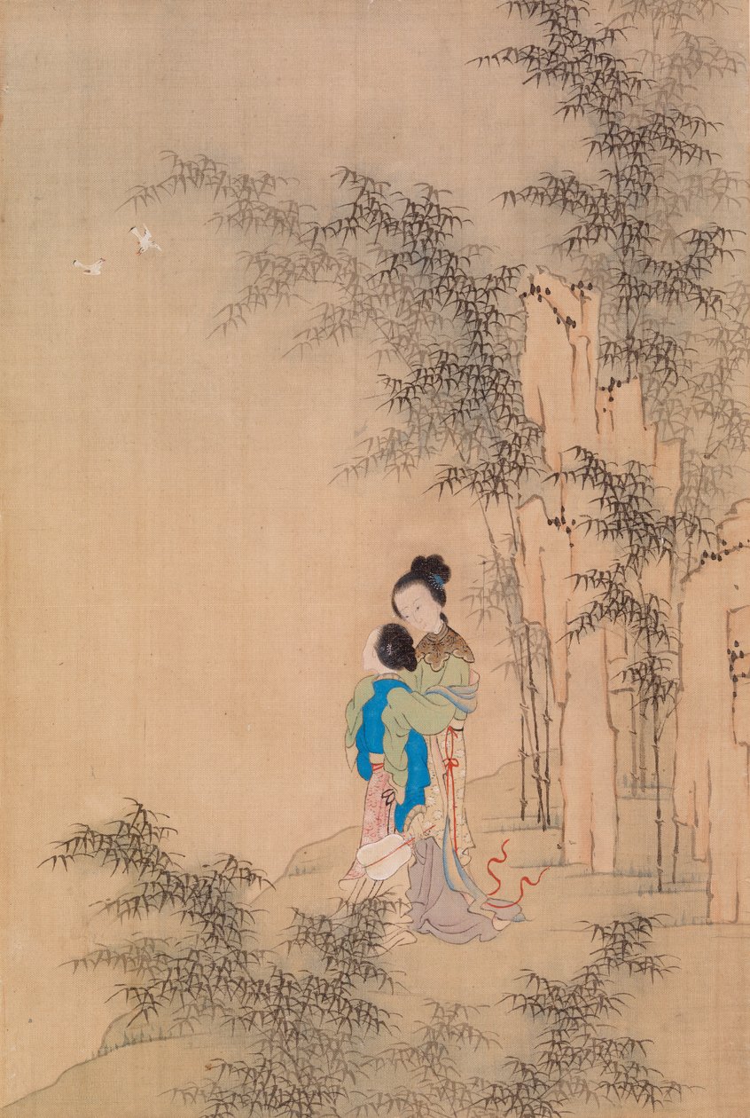 To figurer som omfavner i landskapet av Qiu Ying