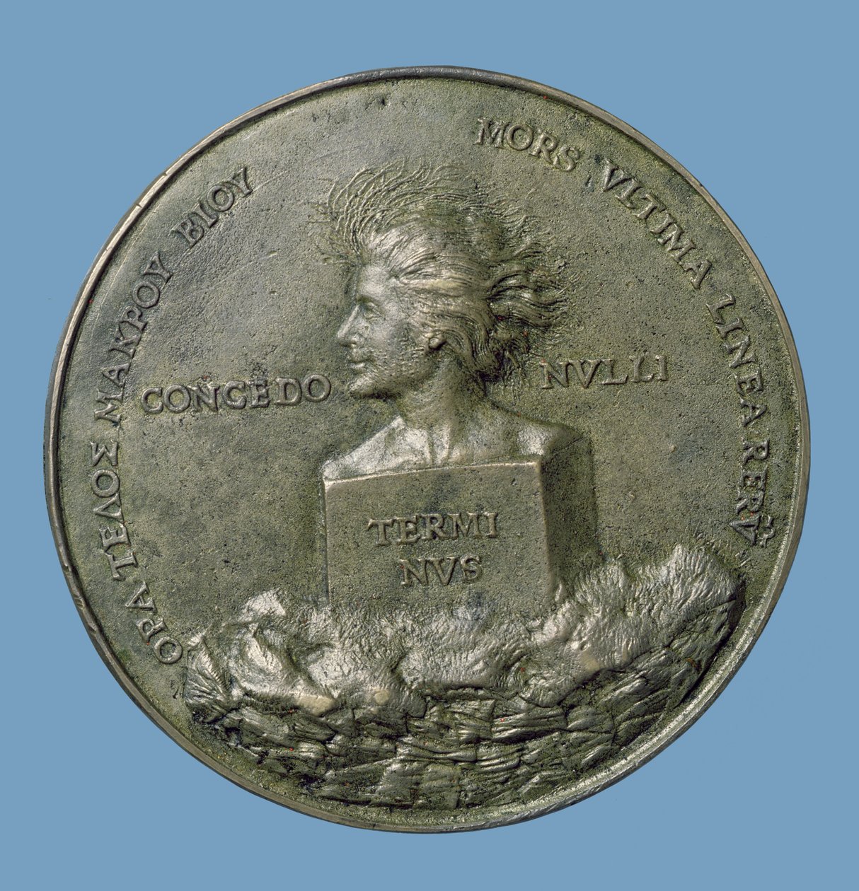 Portrettmedaljong av Erasmus (14656-1530), bakside som viser et hode av Terminus, 1519 (bronse) (omvendt) av Quentin Massys or Metsys