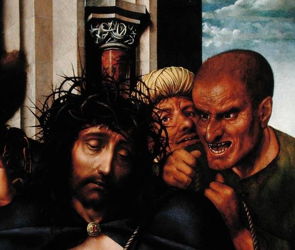 The mocking of Christ (se 165420) av Quentin Massys or Metsys