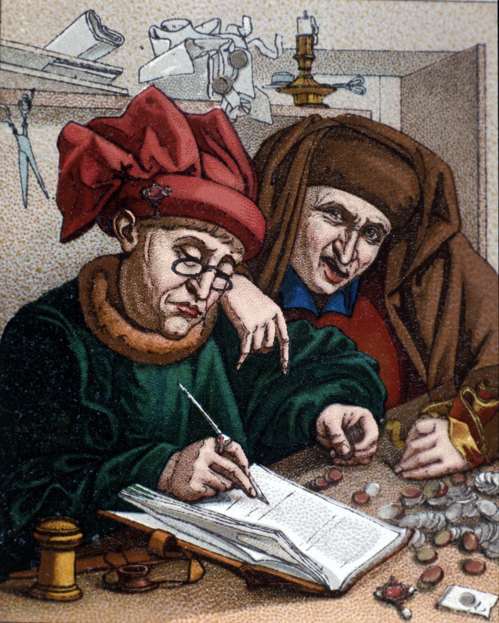 Pengeutlånere. Denne aktiviteten førte til opprettelsen av banker. Illustrasjon inspirert av Metsys maleri. 1800-tallet av Quentin (after) Massys or Metsys
