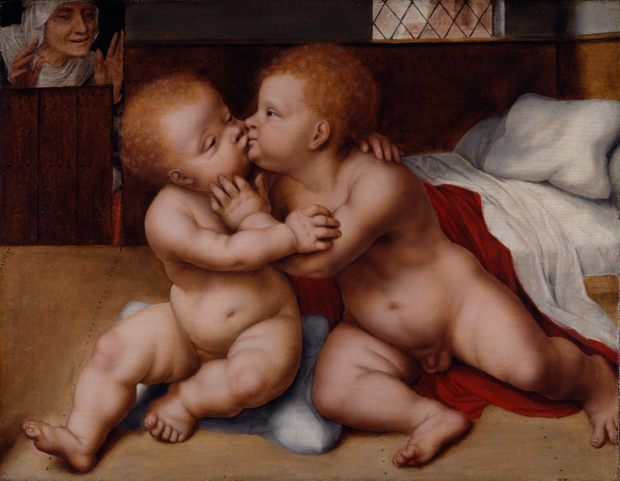 The Infant Christ with the Infant St John the Baptist (olje på tre) av Quentin (workshop of) Massys or Metsys