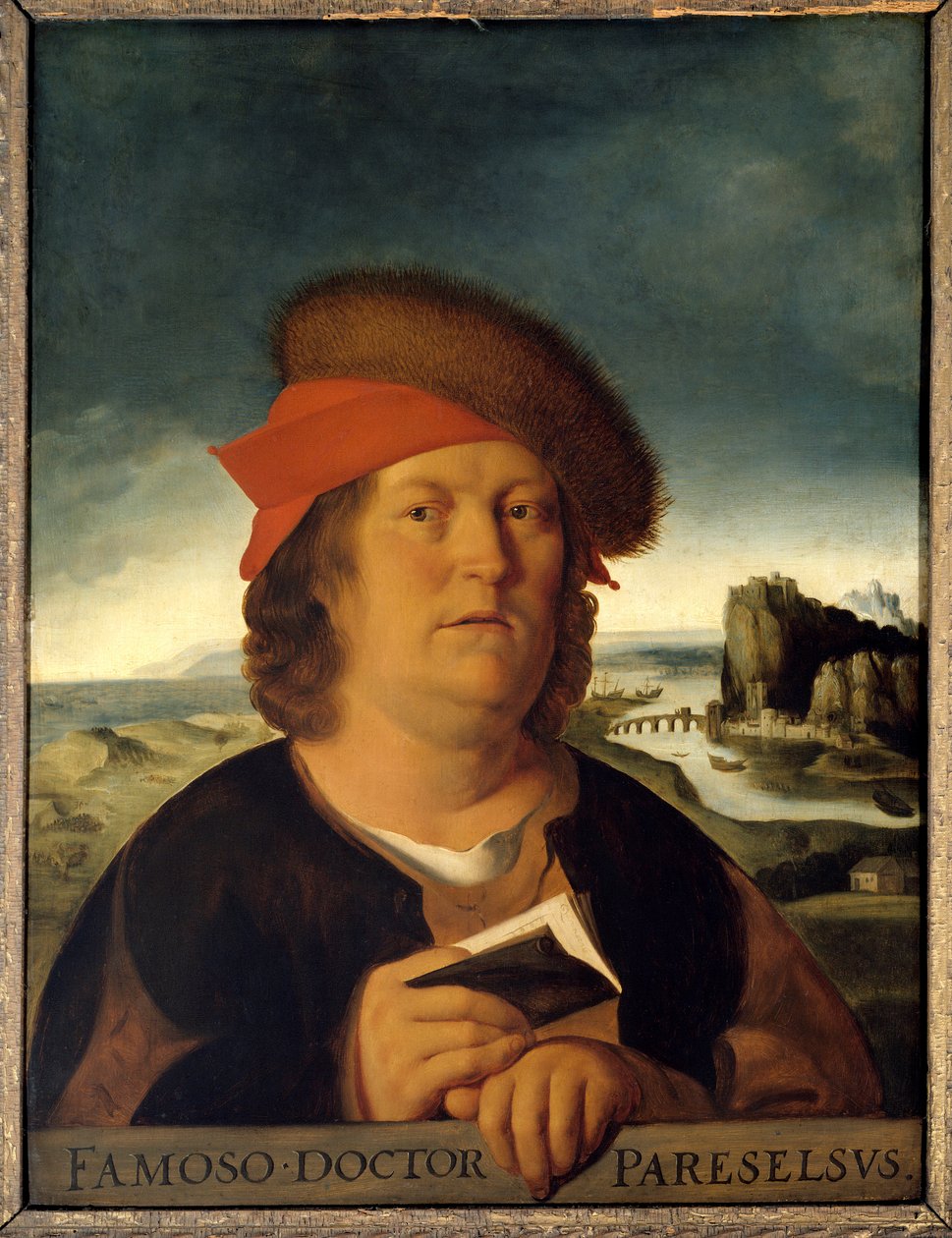 Antatt portrett av legen Paracelsus (1493-1541) (Paracelsus Aracelsus eller Theophrastus Bombastus Von Hohenheim). Maleri. Kopi etter den tapte originalen til Metsys Quentin (1465/1466-1530). Mål: 0,72 x 0,54 cm. Musée du Louvre. - Antatt portrett av th av Quentin Massys or Metsys