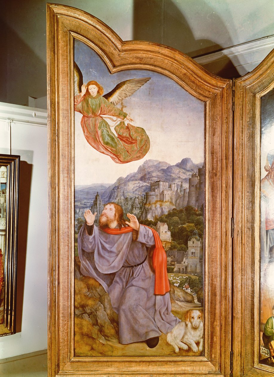 Det hellige slektskap, eller St. Annes altertavle, detalj på venstre panel som viser kunngjøringen til Joachim, 1509 av Quentin Massys or Metsys