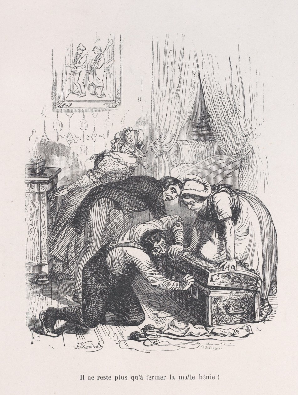 Det gjenstår bare å lukke den velsignede bagasjerommet! fra The Little Miserie of Human Life, 1843. av Quichon