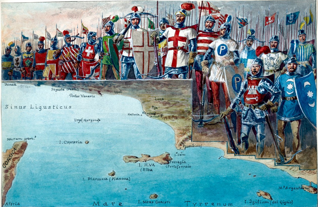 Kart over slagmarken i slaget ved Meloria i 1284, med uniformer og militære drakter til de genoese troppene som deltok i det. av Quinto Cenni