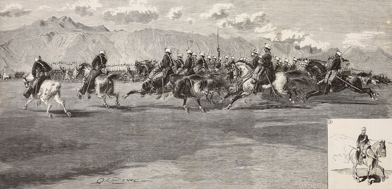 Kavaleriøvelser 17. september, med lanser til høyre, Pordenone, Italia, gravering av Cantagalli fra tegning av Quinto Cenni, fra L'Illustration Italiana, nr. 41, 12. oktober av Quinto Cenni