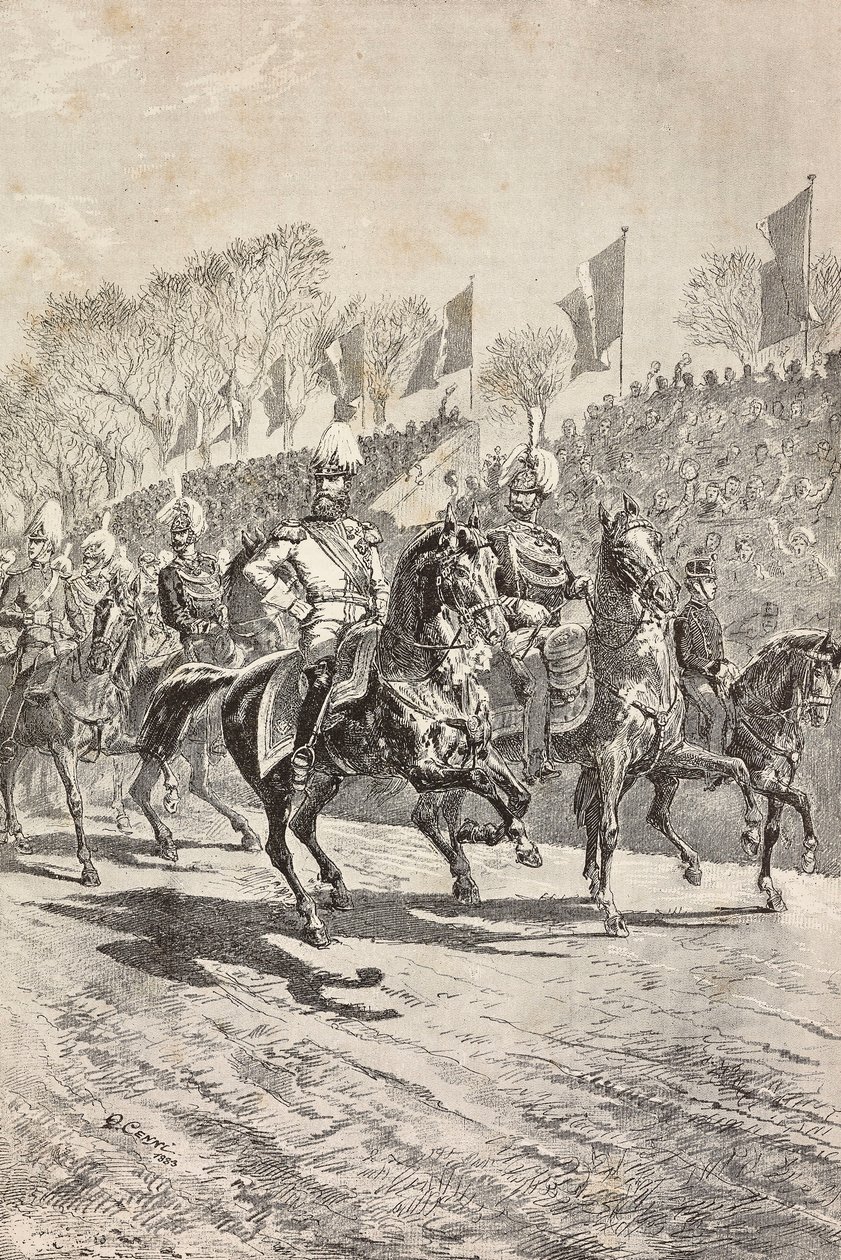 Stabssjefer på vei inn på paradeplassen, feiringer for kronprinsen av Tysklands (fremtidige Frederick III) besøk i Roma, Italia, gravering fra tegning av Quinto Cenni, fra L