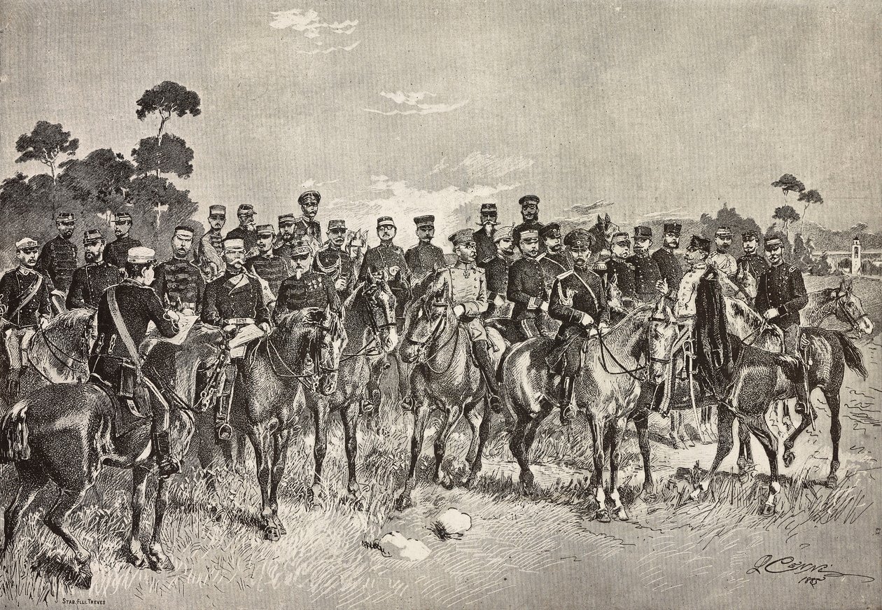 Utenlandske hæroffiserer besøker italienske soldater i Lombardia, Italia, gravering fra en tegning av Quinto Cenni, fra L'Illustrazione Italiana, år 12, nr. 40, 4. oktober av Quinto Cenni