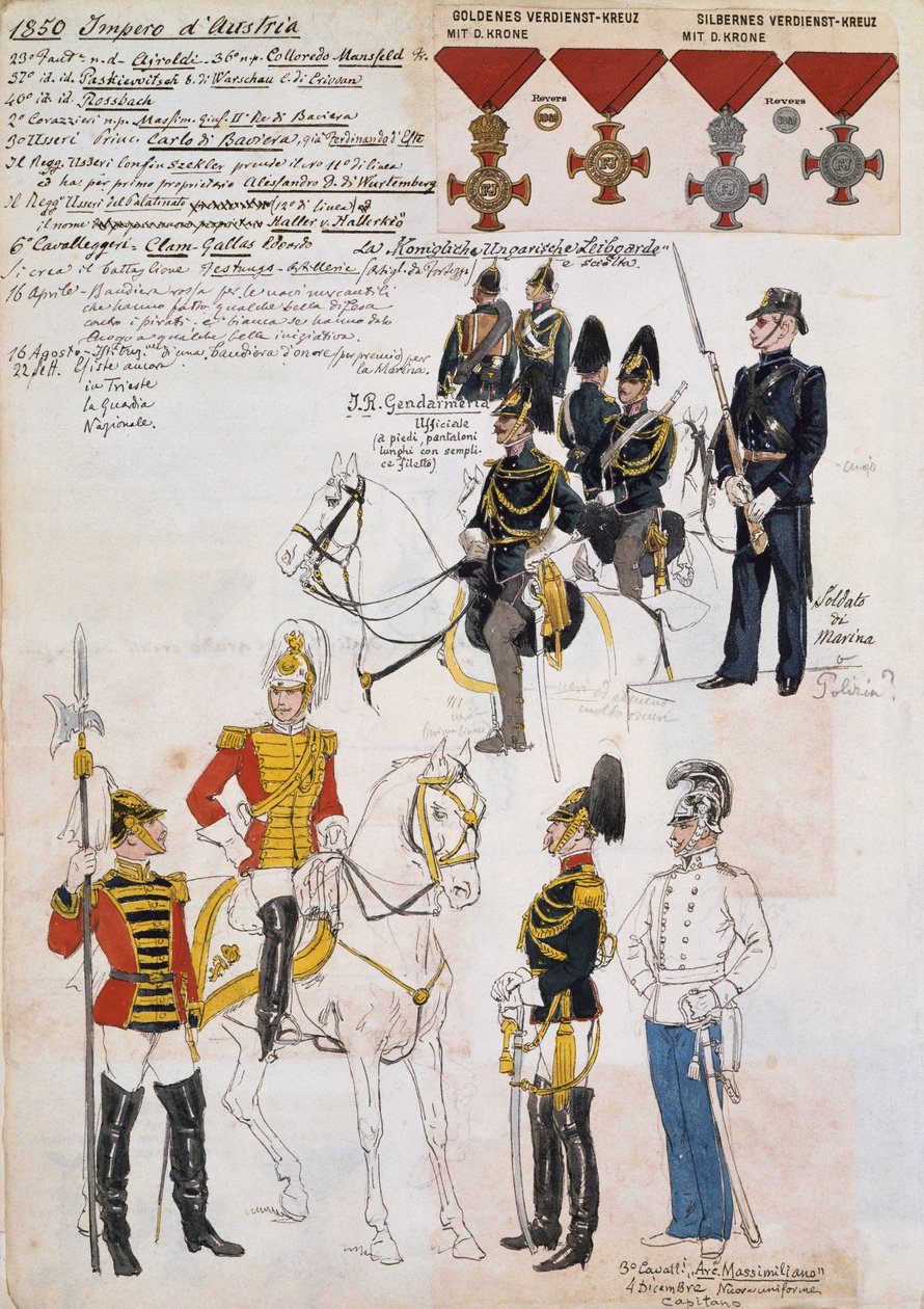 Gendarmer, marinesoldater og offiserer fra det tredje kavaleriets erkehertug Maximilian, uniformer fra det østerrikske riket (Gendarmer, marinesoldater og offiserer fra 3. kavaleri-erkehertug Maximilian-regiment), uniformer fra det østerrikske riket av Quinto Cenni