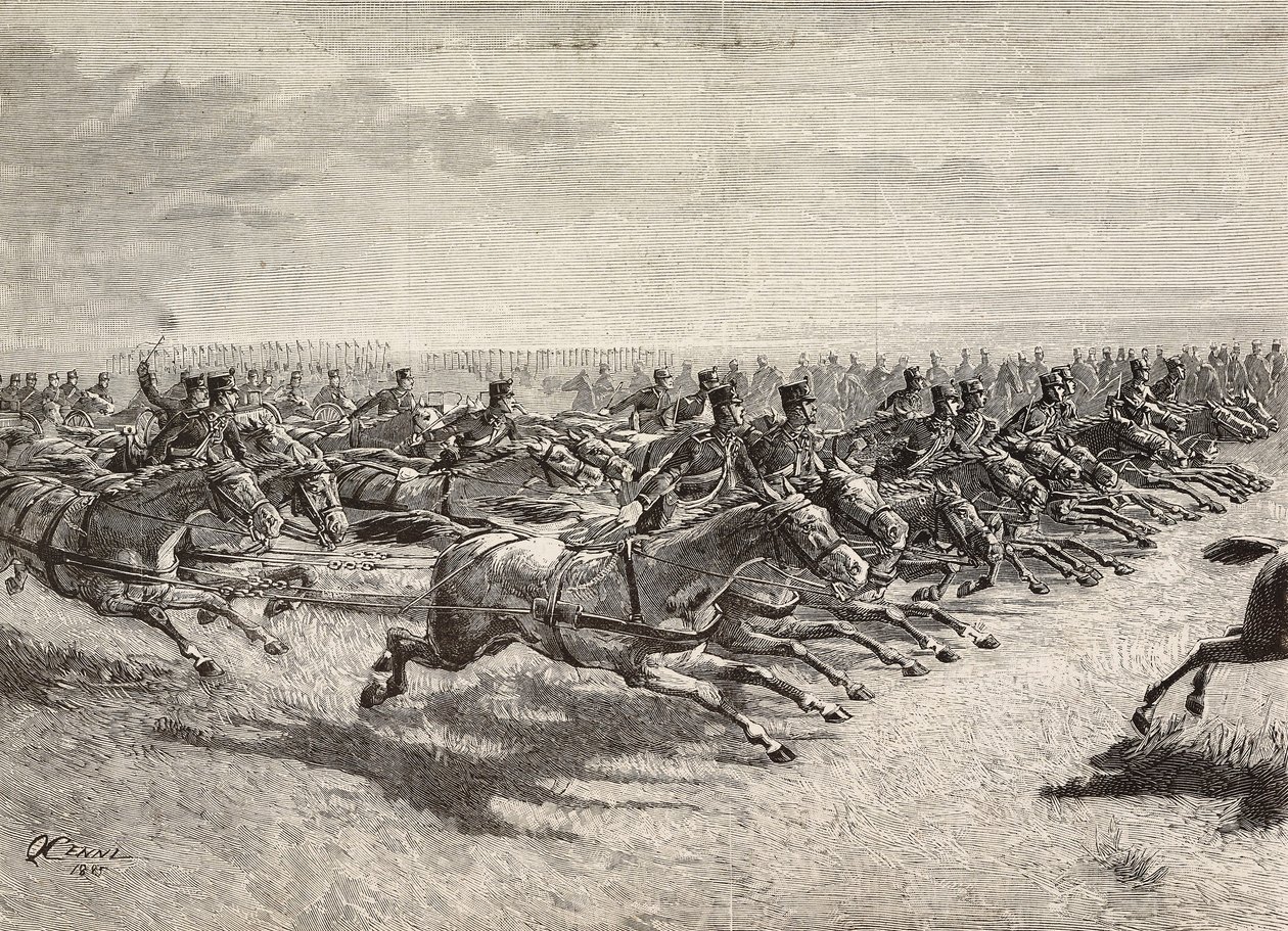 Hesteartilleri av den italienske hæren passerer i full galopp, Lombardia, Italia, gravering fra en tegning av Quinto Cenni, fra L