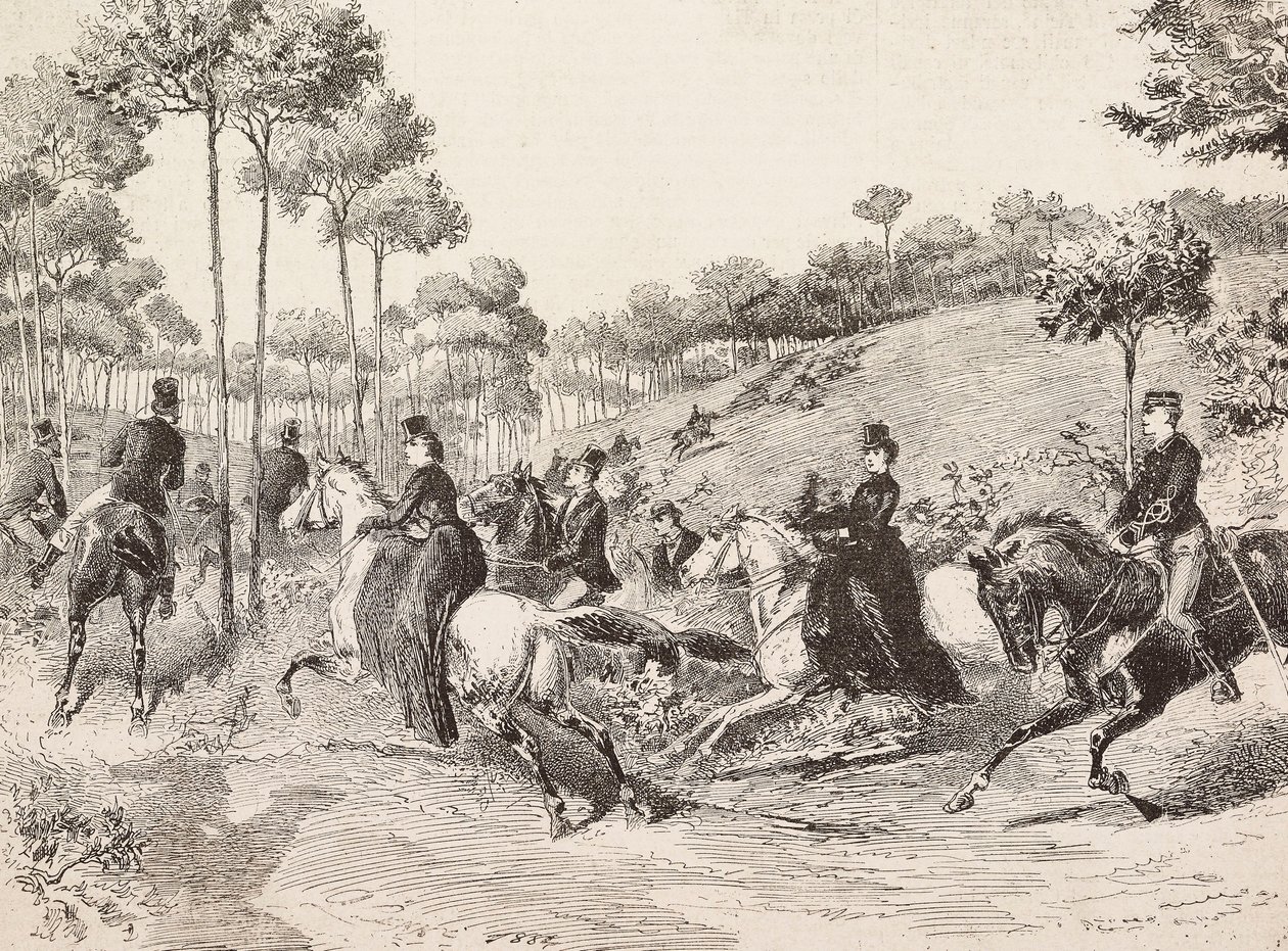 Jakttur etter Milanese-jakten, Italia, gravering fra tegning av Quinto Cenni, fra L'Illustrazione Italiana, nr. 19, 11. mai av Quinto Cenni