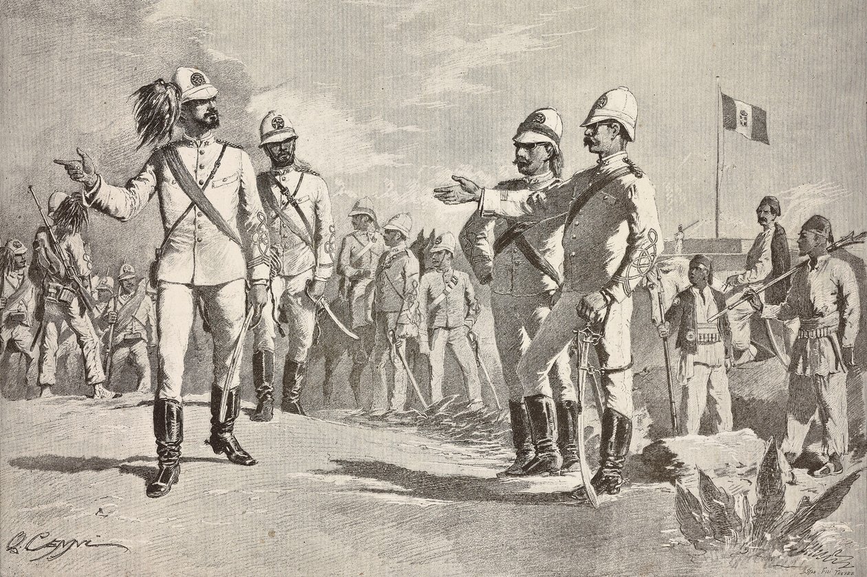 Italienske og lokale soldater, i uniformer fra den italienske hæren i Afrika, Massawa, Eritrea, gravering fra en tegning av Quinto Cenni, fra L'Illustrazione Italiana, år 12, nr. 35, 30. august av Quinto Cenni