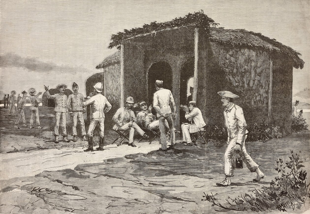 Italienske offiserer nær refektoriepaviljongen, Abdel K'adir, Eritrea, gravering fra en tegning av Quinto Cenni og en skisse av Pieragostini, fra L'Illustrazione Italiana, år 12, nr. 37, 13. september av Quinto Cenni