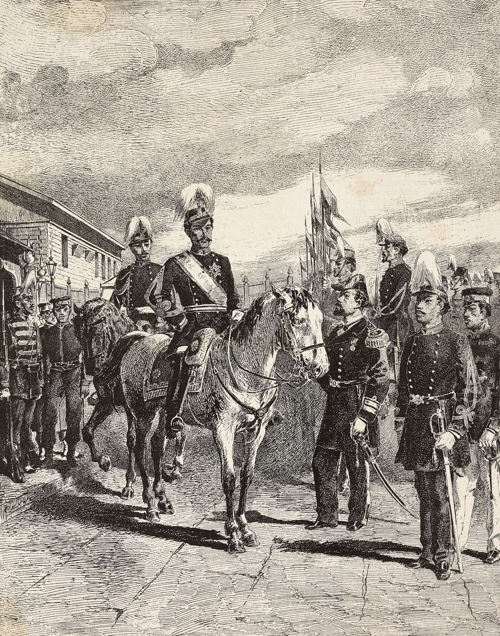 Japansk hær: Infanterisoldater, stabssjefer, generalmajor, kavaleri, viseadmiral, infanterikaptein, skytter, Japan, gravering fra tegning av Quinto Cenni, fra L'Illustrazione Italiana, nr. 17, 27. april av Quinto Cenni