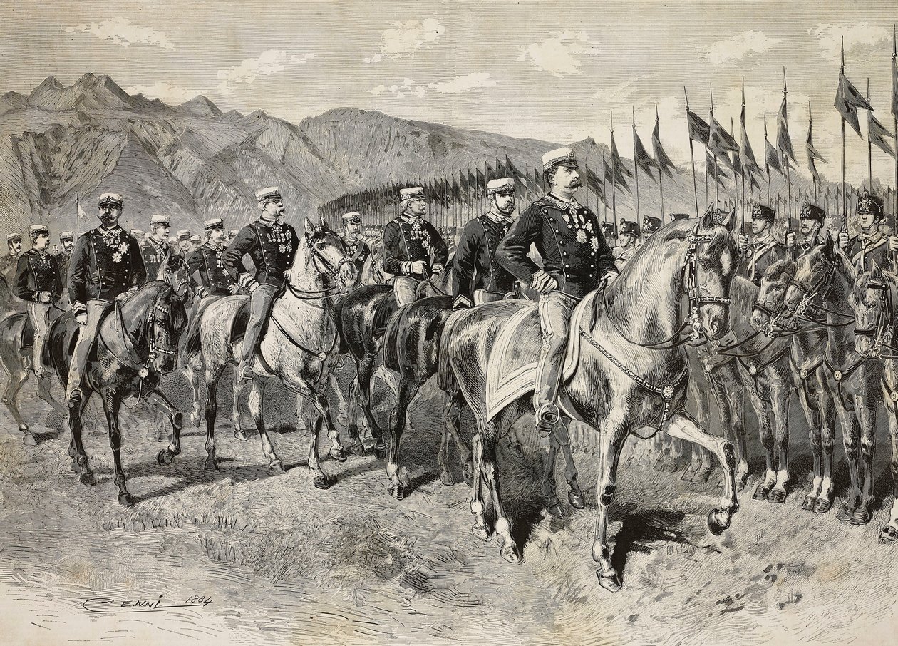 Kong Umberto I inspiserer Firenze-lansere, med general Martin di Montu bak seg, 28. september, kavaleriøvelser i Pordenone, Italia, gravering fra tegning av Quinto Cenni, fra L