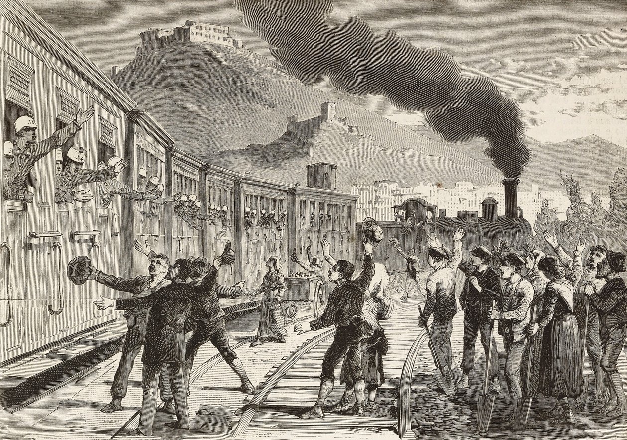 Menn og kvinner tar farvel med italienske soldater som drar fra Cassino jernbanestasjon, Italia, gravering fra tegning av Quinto Cenni og skisse av M Dal Don, fra L