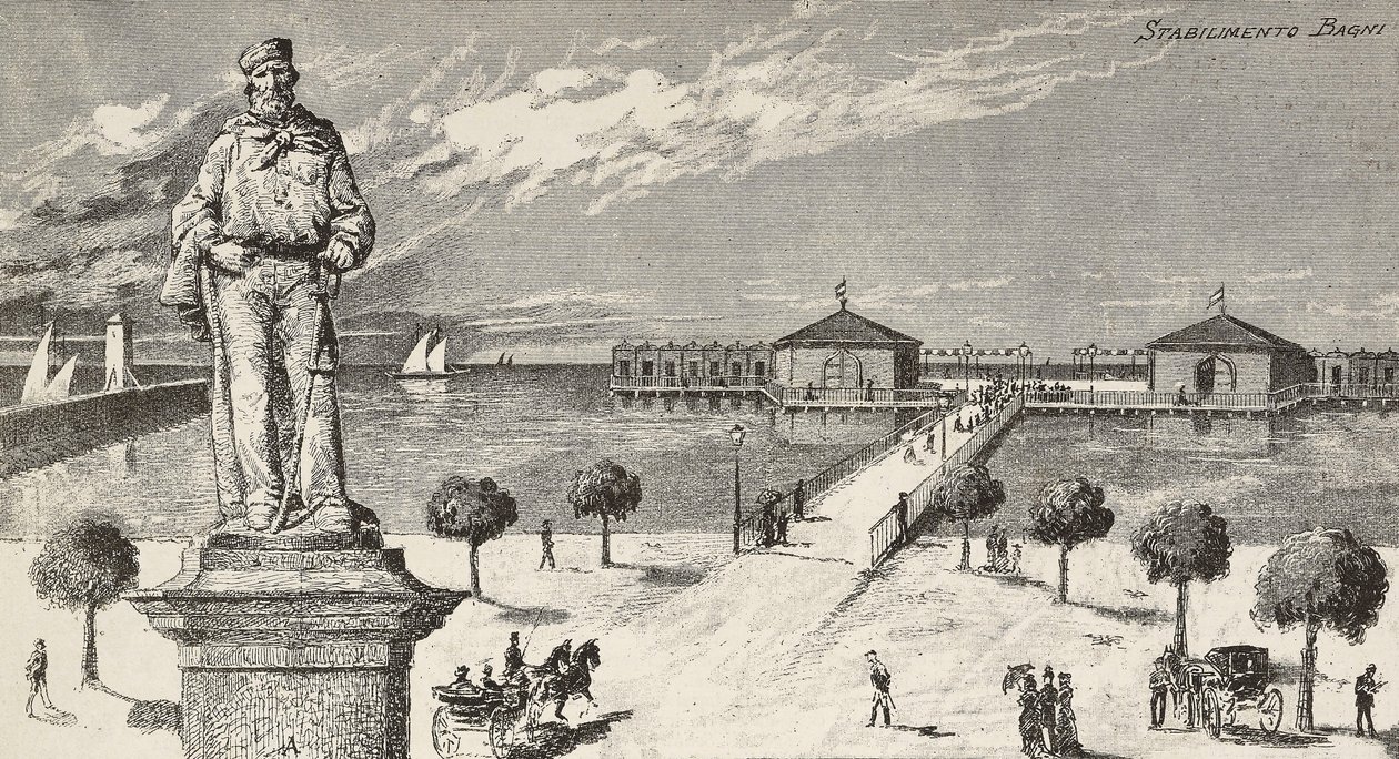 Monument til minne om Giuseppe Garibaldi (1807-1882), italiensk politiker og patriot, og badeanlegg i bakgrunnen, Cesenatico, Italia av Quinto Cenni