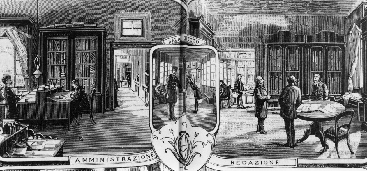 Kontorer til brødrene Treves, redigerings- og administrasjonsmedarbeidere, Milano, Italia, illustrasjon av Quinto Cenni (1845-1917) fra L'Illustrazione Italiana av Quinto Cenni