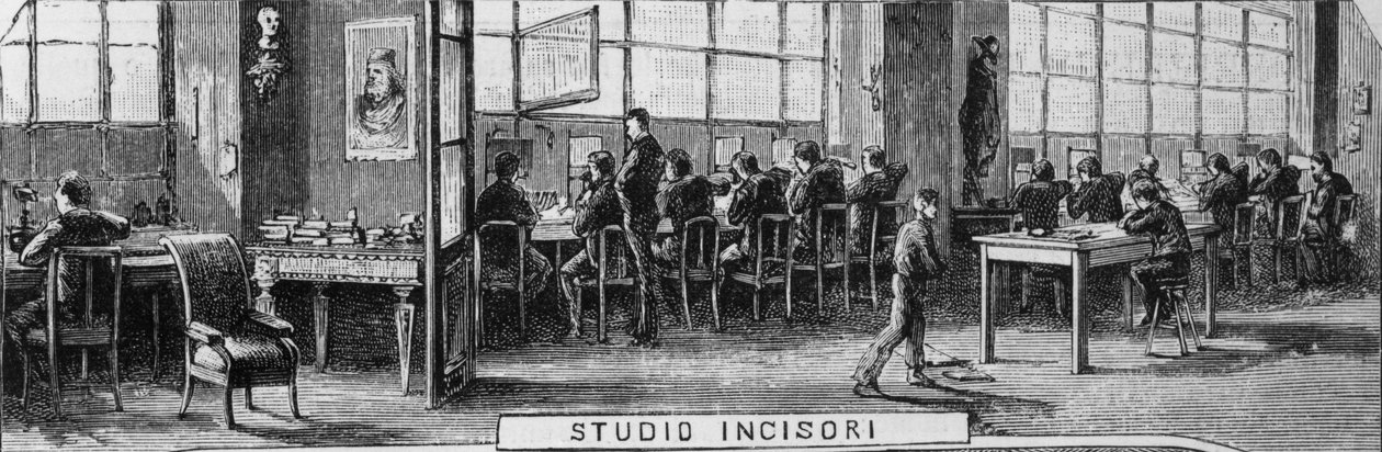 Treves-brødrenes kontorer, gravøravdelingen, Milano, Italia, illustrasjon av Quinto Cenni (1845-1917) fra L