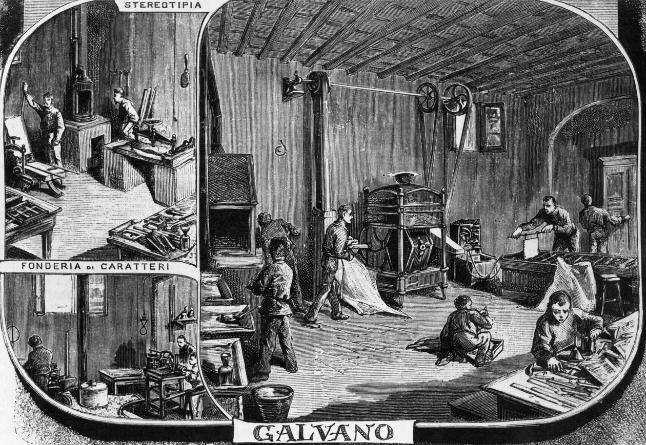 Treves-brødres kontorer, skriftavstøpning og stereotyptrykkavdeling, Milano, Italia, illustrasjon av Quinto Cenni (1845-1917) fra L'Illustrazione Italiana av Quinto Cenni
