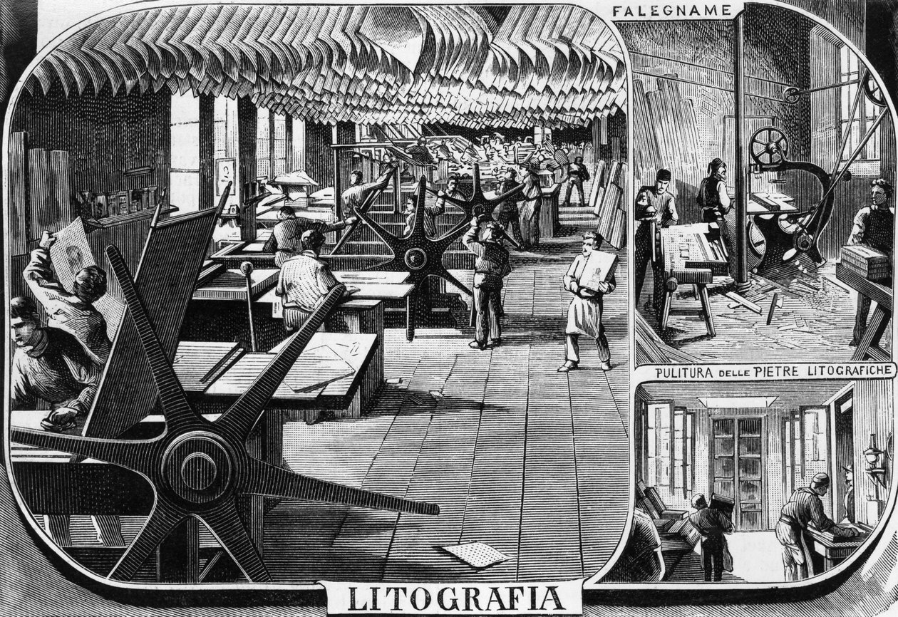 Kontorer til brødrene Treves, litografiavdelingen, Milano, Italia, illustrasjon av Quinto Cenni (1845-1917) fra L'Illustrazione Italiana av Quinto Cenni
