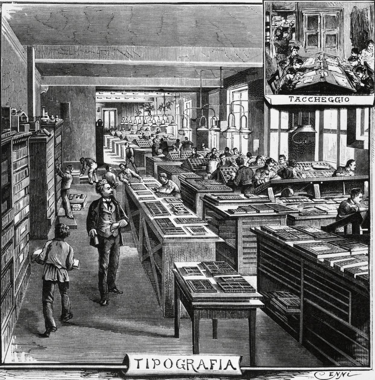 Treves-brødres kontorer, typografi og overlegg, Milano, Italia, illustrasjon av Quinto Cenni (1845-1917) fra L