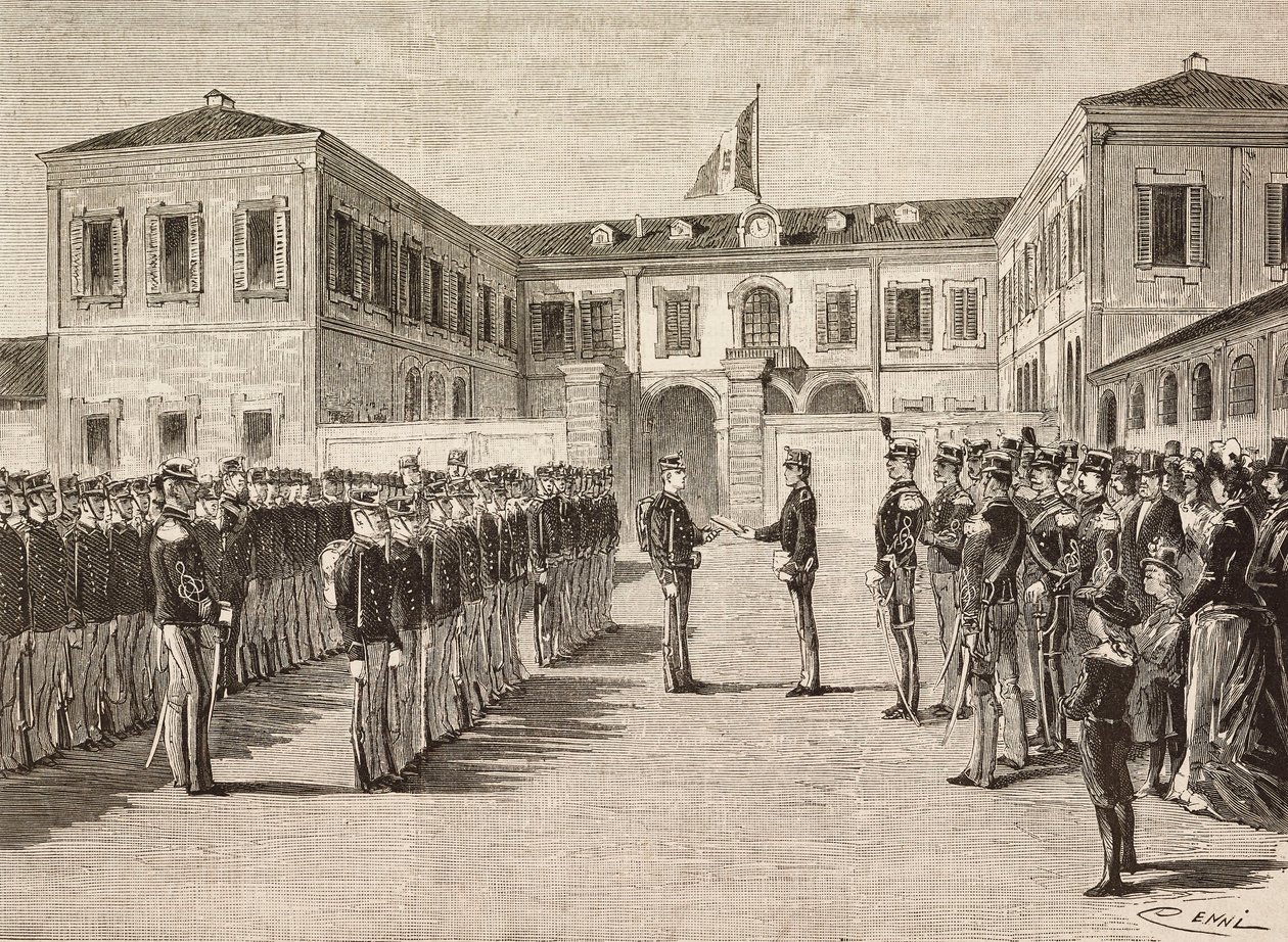 Prins Vittorio Emanuele (1870-1946), greve av Torino, gir grader til kadetter ved militærakademiet i Milano, Italia, 14. mars av Quinto Cenni