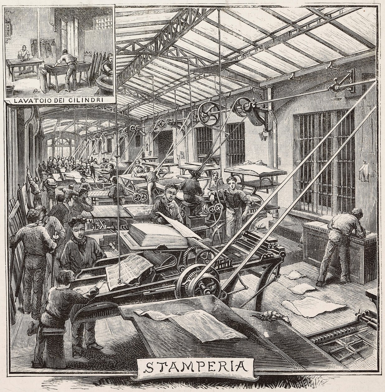 Trykkeri i Fratelli Treves forlag, Milano, Italia, gravering fra tegning av Quinto Cenni, fra L'Illustrazione Italiana, nr. 50, 14. desember av Quinto Cenni