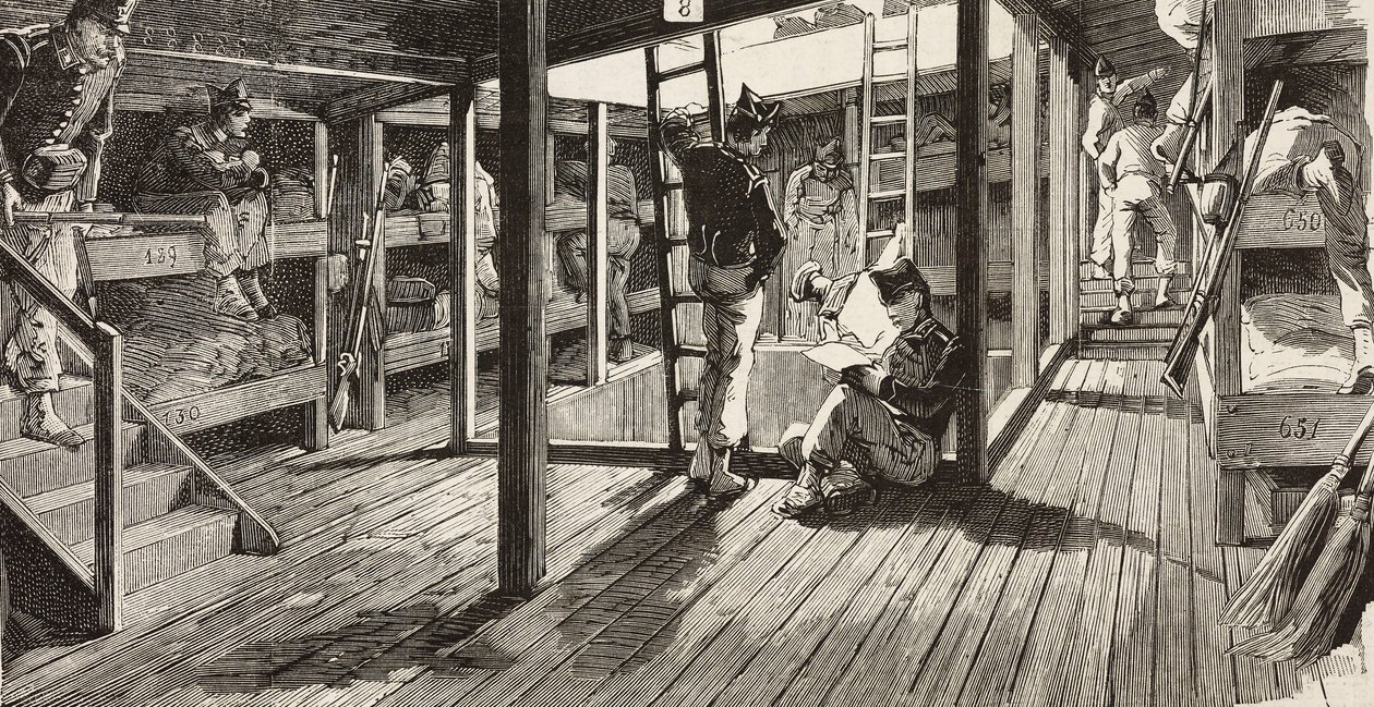Soldater under dekk i sovesal, skip Principe Amedeo, italiensk ekspedisjon i Rødehavet, Italia, gravering fra tegning av Quinto Cenni og skisse av M Dal Don, fra L'Illustrazione Italiana, år 12, nr. 10, 8. mars av Quinto Cenni