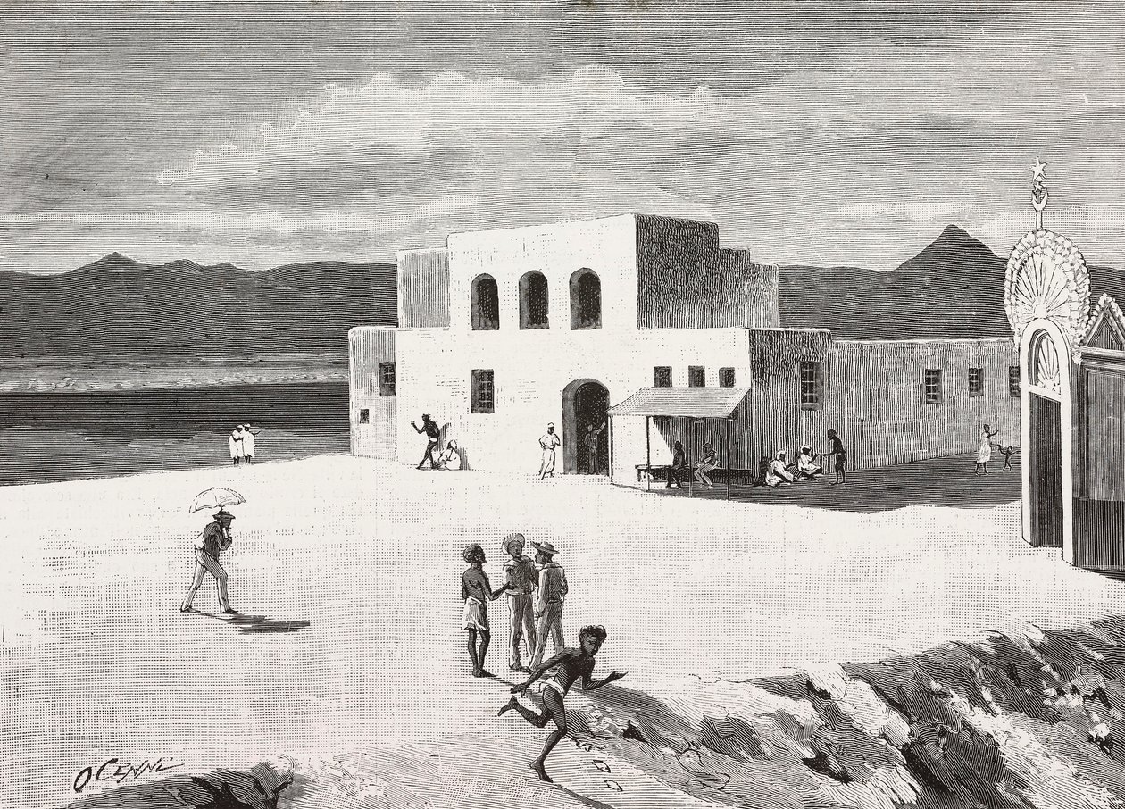 Den italienske postbygningen, Massawa, Eritrea, gravering fra en tegning av Quinto Cenni og en skisse av Pieragostini, fra L'Illustrazione Italiana, år 12, nr. 43, 25. oktober av Quinto Cenni