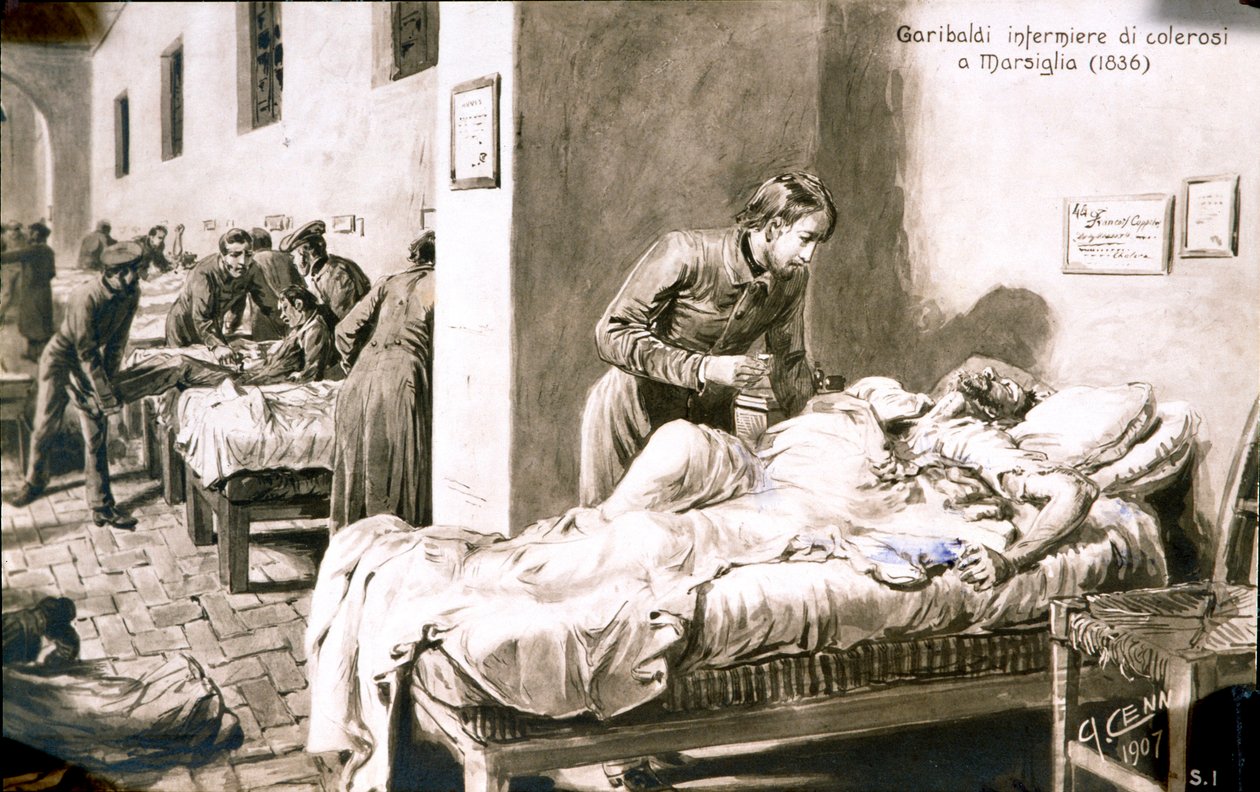 Den italienske patrioten Giuseppe Garibaldi (1807-1882) sykepleier, under navnet Pan-Borel (Pane Borel), til kolerapasientene i Marseille i 1836. Postkort fra 1800-tallets privatsamling av Quinto Cenni