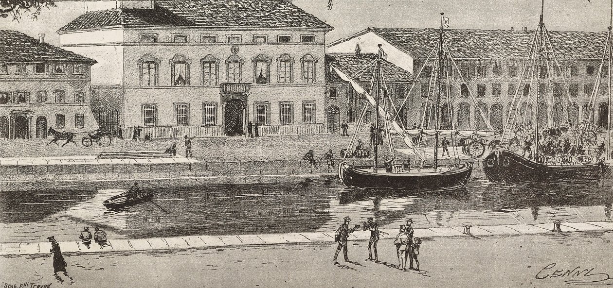 Rådhuset og havnekanalen, Cesenatico, Italia, gravering fra en tegning av Quinto Cenni og en skisse av Ulisse Topi, fra L