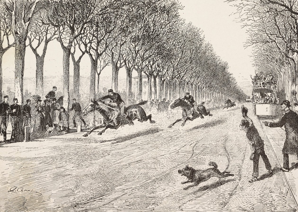 Tre motstandsoffiserer som deltar i hesteveddeløp, Third Savoy-regiment, mellom Milano og Monza, Italia, gravering fra tegning av Quinto Cena, fra L