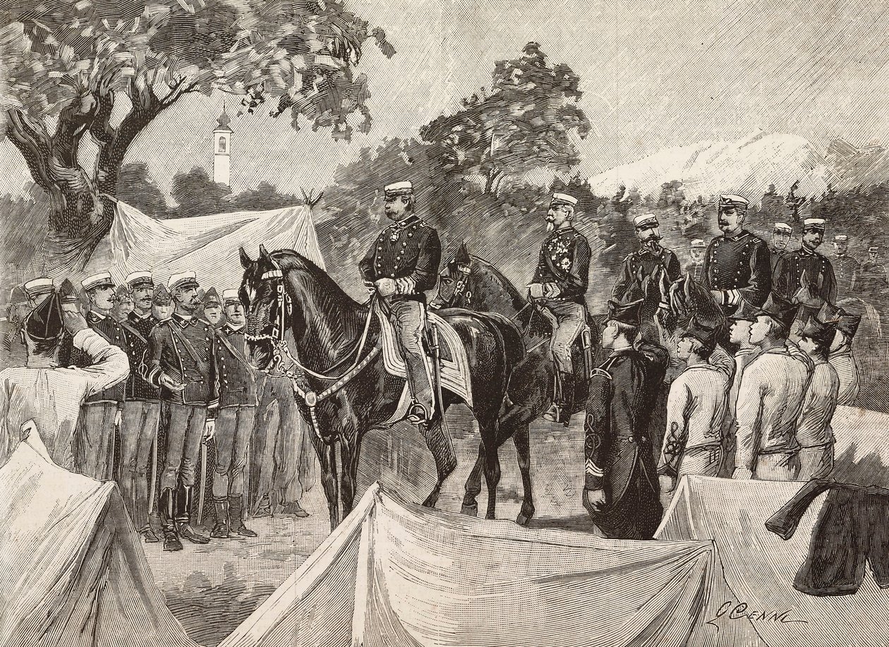 Umberto I (1844-1900), konge av Italia, med noen offiserer, på besøk i militærleirer, 11. september av Quinto Cenni