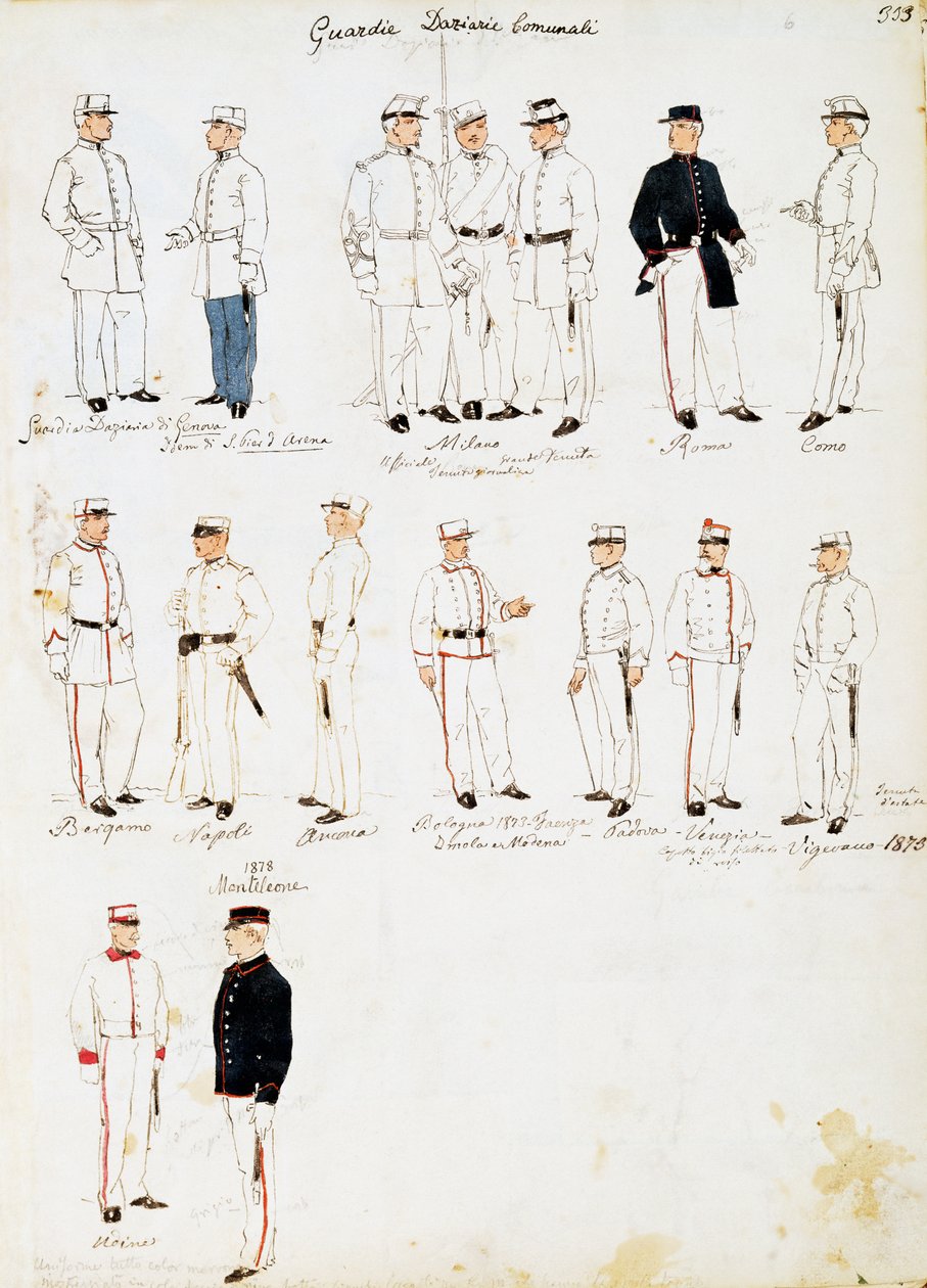 Uniformer of Custom guards of Kingdom of Italy mellom 1873-1878, plate fra Cenni Codex, samling av militærskisser i akvarell av Quinto Cenni