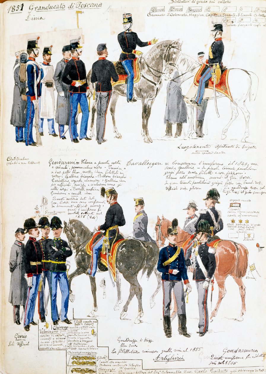 Uniformer av Storhertugdømmet Toscana i 1851, plate hentet fra Cenni-kodeksen, samling av militærskisser tegnet av Quinto Cenni (1845-1917) av Quinto Cenni