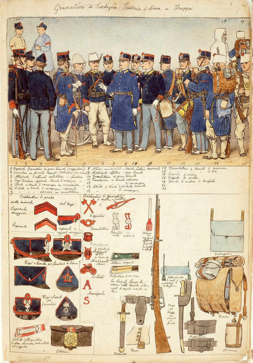 Uniformer of Grenadiers of Sardinia, linjeinfanteri, tropp av Kingdom of Italy, fargeplate av Quinto Cenni av Quinto Cenni