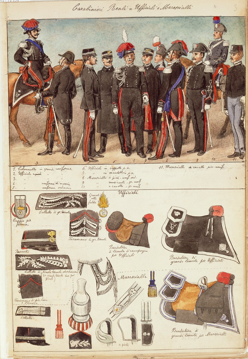Uniformer av Royal Carabinieri, offiserer og underoffiserer fra Kingdom of Italy, fargeplate av Quinto Cenni av Quinto Cenni