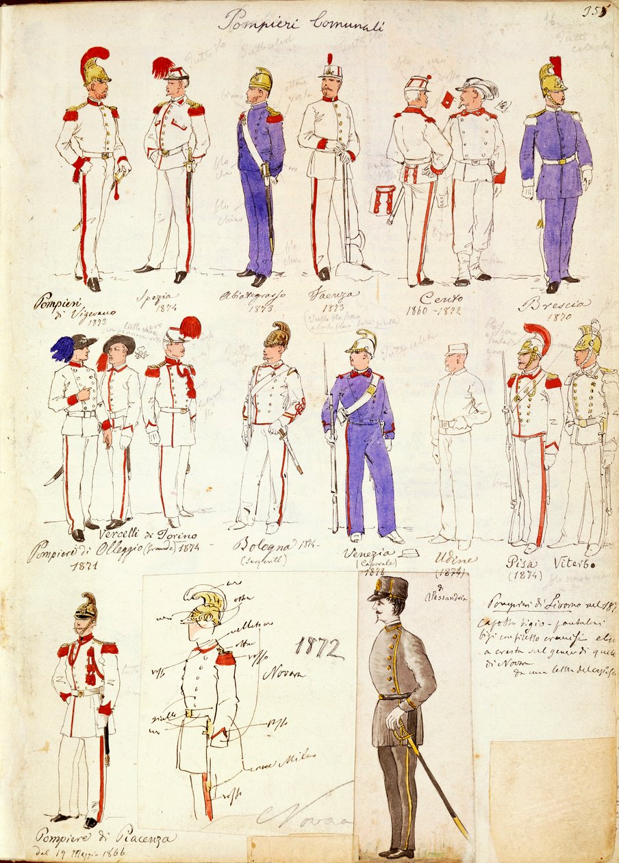 Uniformer av kommunale brannmenn i Kingdom of Italy av Quinto Cenni, fargeplate av Quinto Cenni