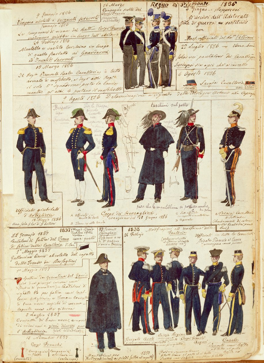 Uniformer av den piemontesiske hæren mellom 1836 og 1886. Fargeplate av Cenni Quinto av Quinto Cenni