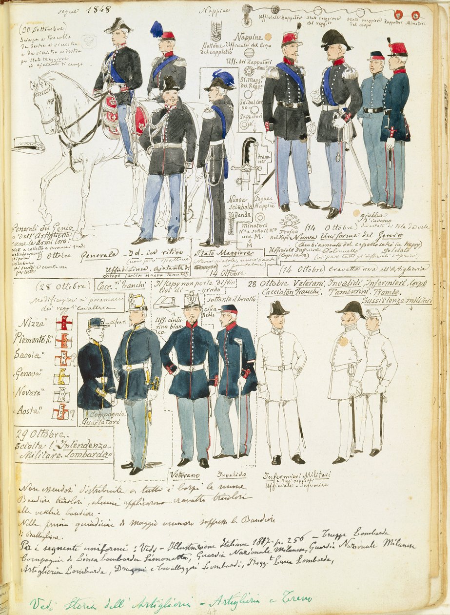 Uniformer av den piemontesiske hæren fra 1848. Fargeplate av Cenni Quinto av Quinto Cenni