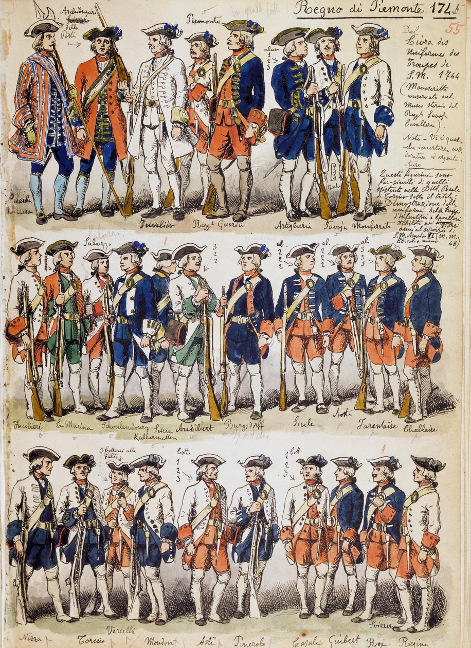 Uniformer av tropper fra Kingdom of Piemonte i 1744, plate hentet fra Cenni Codex, samling av militærskisser tegnet av Quinto Cenni (1845-1917) av Quinto Cenni