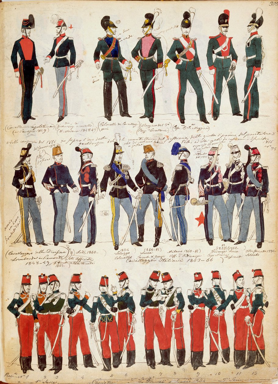 Ulike italienske uniformer i vanlig bruk rundt 1860 av Quinto Cenni, fargeplate av Quinto Cenni