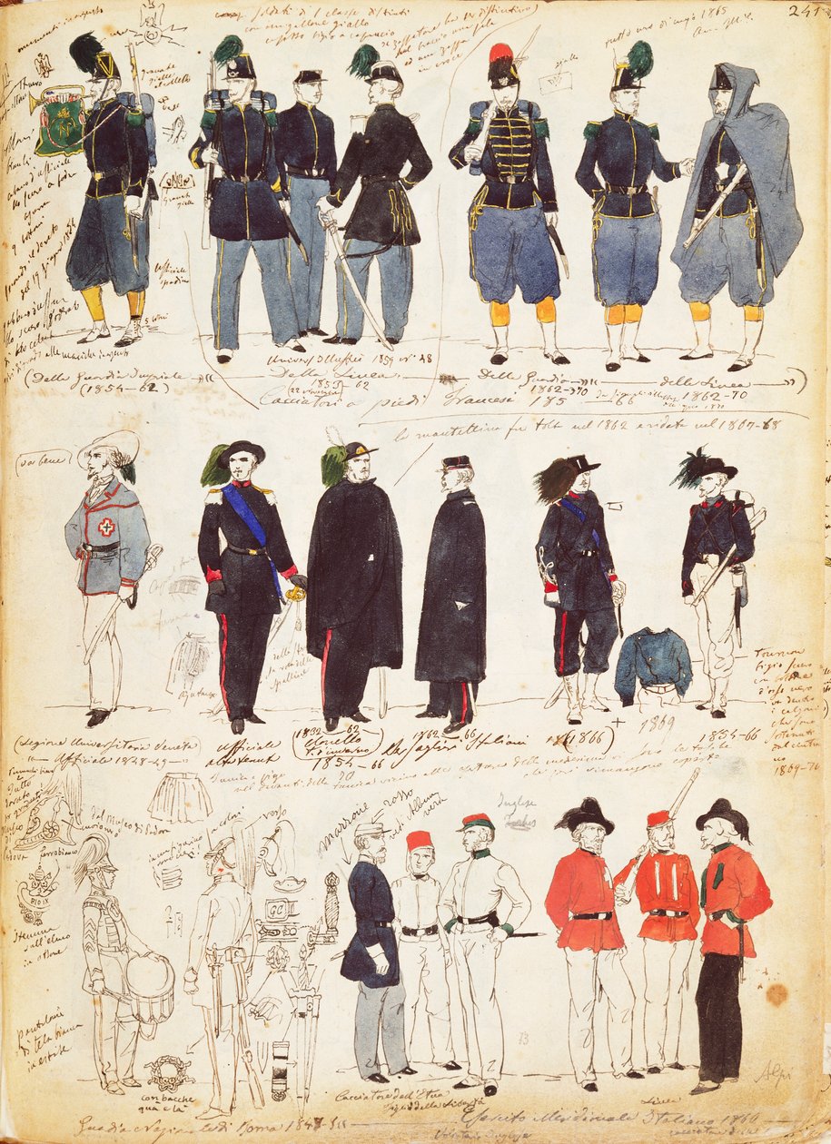Ulike italienske uniformer i vanlig bruk mellom 1847 og 1870 av Quinto Cenni, fargeplate av Quinto Cenni